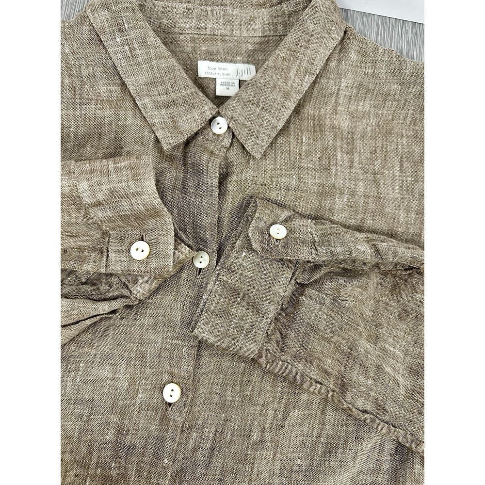J.JILL Women's Love-Linen Long Sleeve‎ Button Up Shirt Medium Brown
